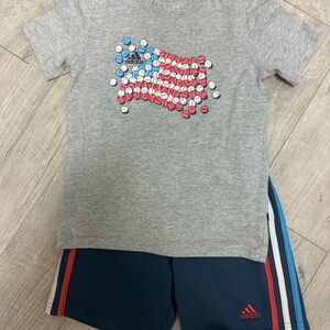 Adidas Gray Tee with Graphic and Navy Shorts